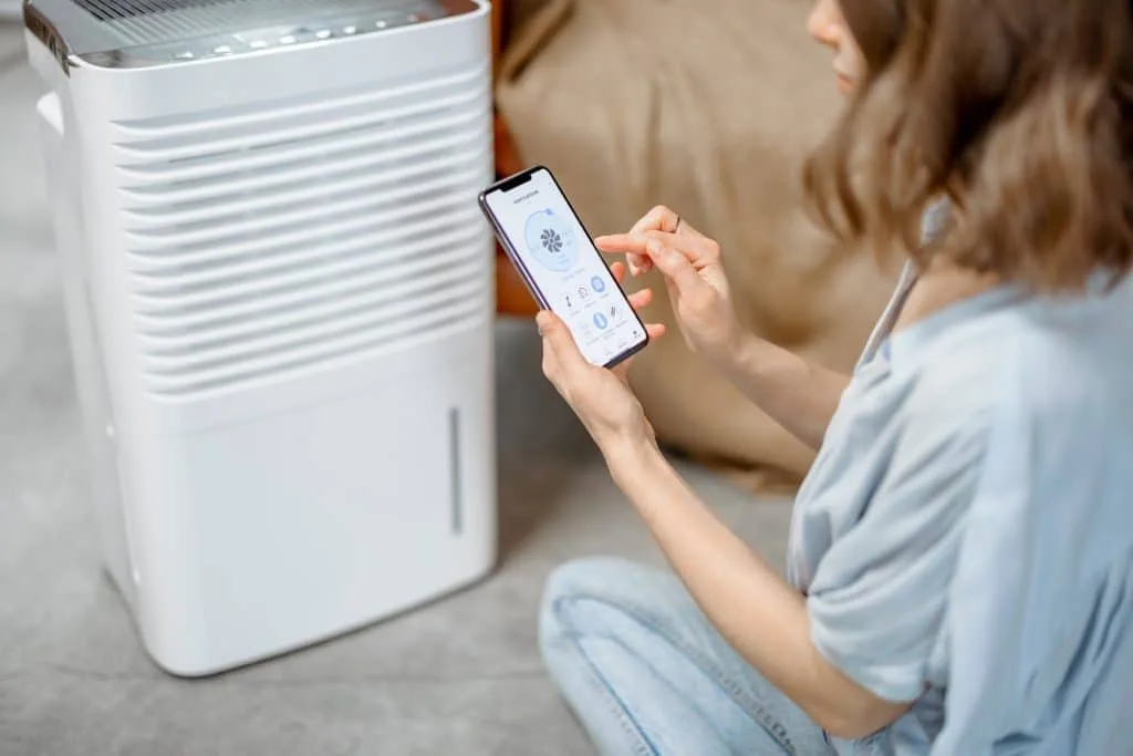 Woman sitting near air purifier and moisturizer appliance