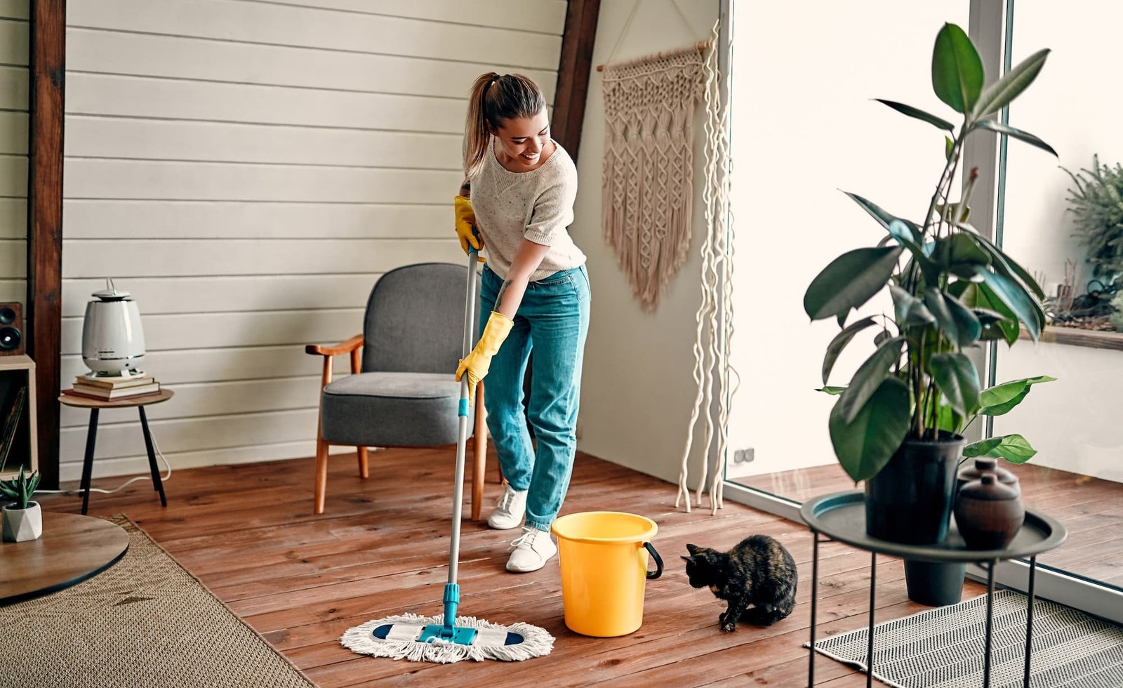 Woman doing house cleaning.
