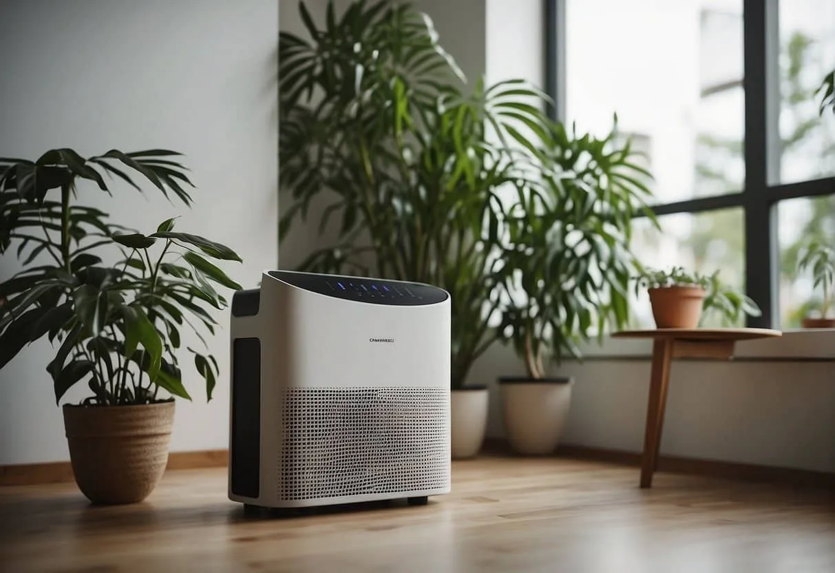 An air purifier placed in a living room, surrounded by plants and open windows. A person with allergies sits comfortably nearby, breathing in clean air