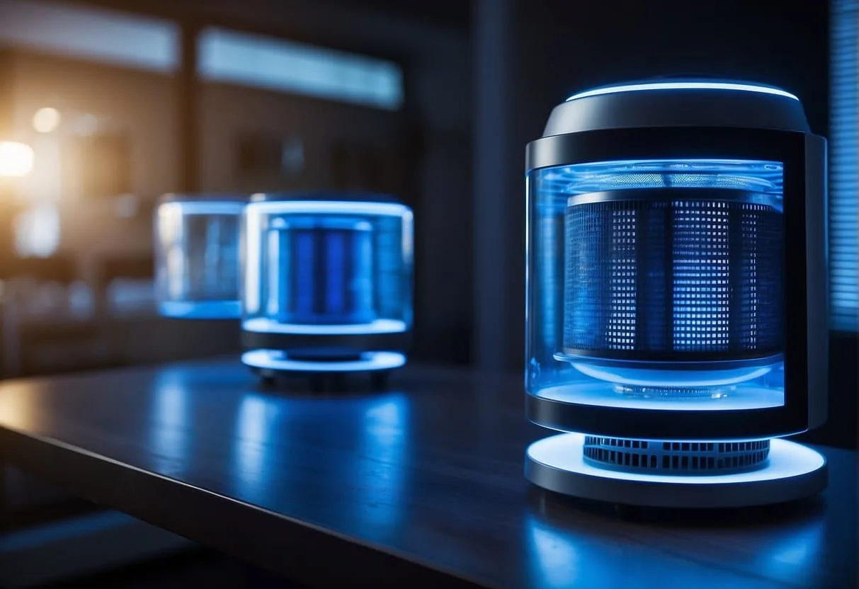 UV air purifiers integrated with other filters in a sleek, modern device. Blue UV light shining through a transparent chamber, surrounded by HEPA and carbon filters