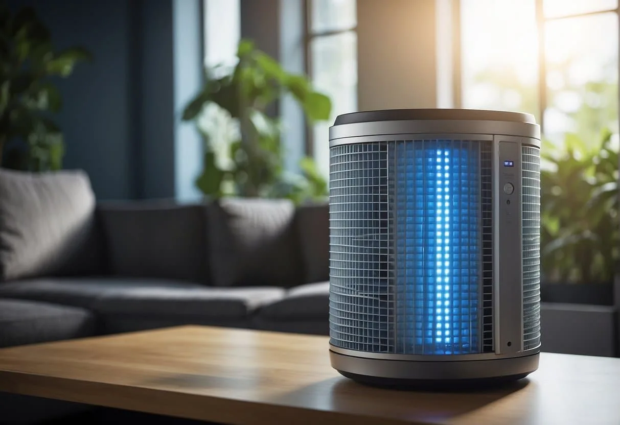 A UV air purifier unit is connected to a combination of other filter technologies, such as HEPA or activated carbon filters, within a ventilation system