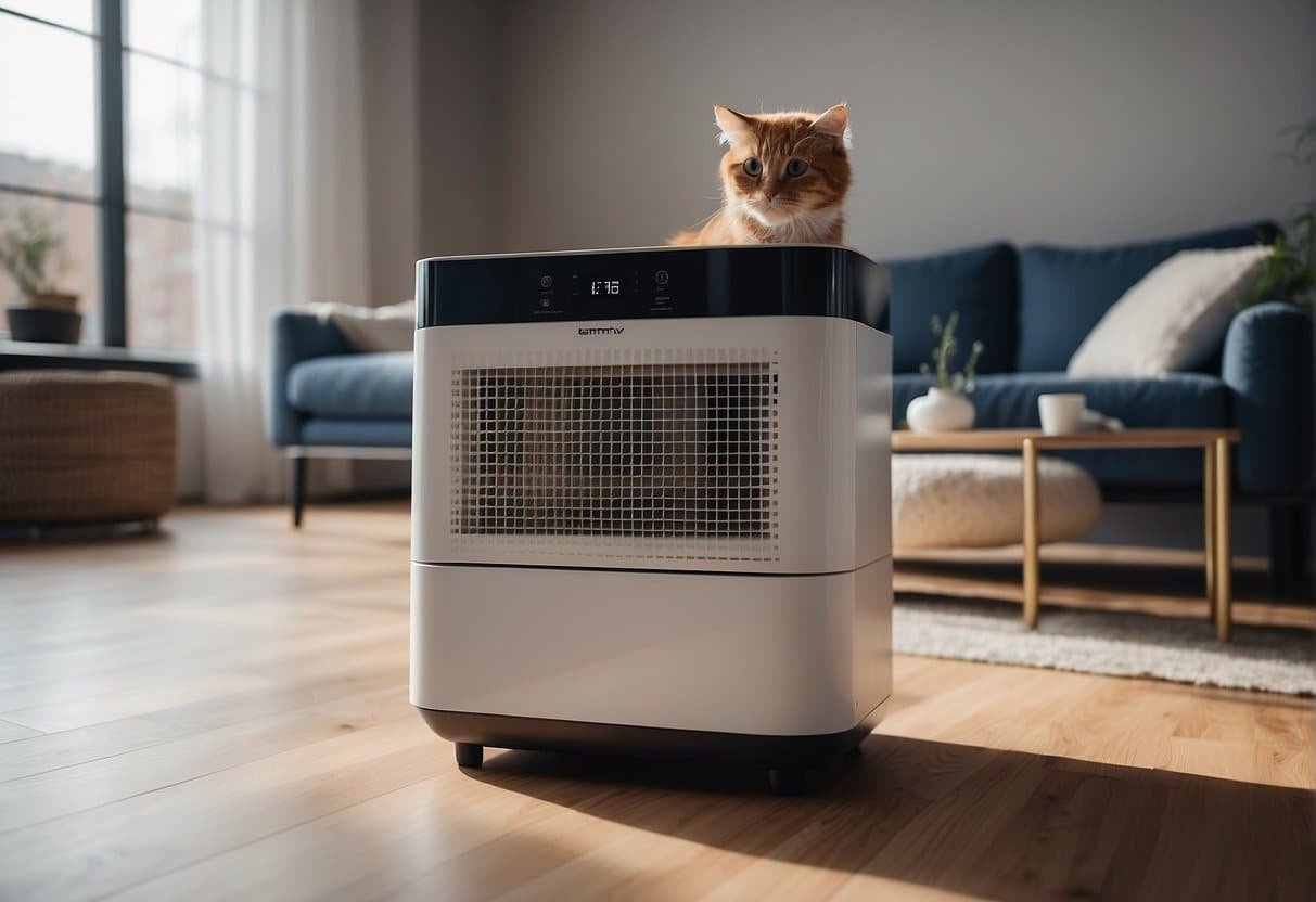 A room with a pet shedding hair and dander, floating in the air. An air purifier in the corner, filtering and cleaning the surrounding air