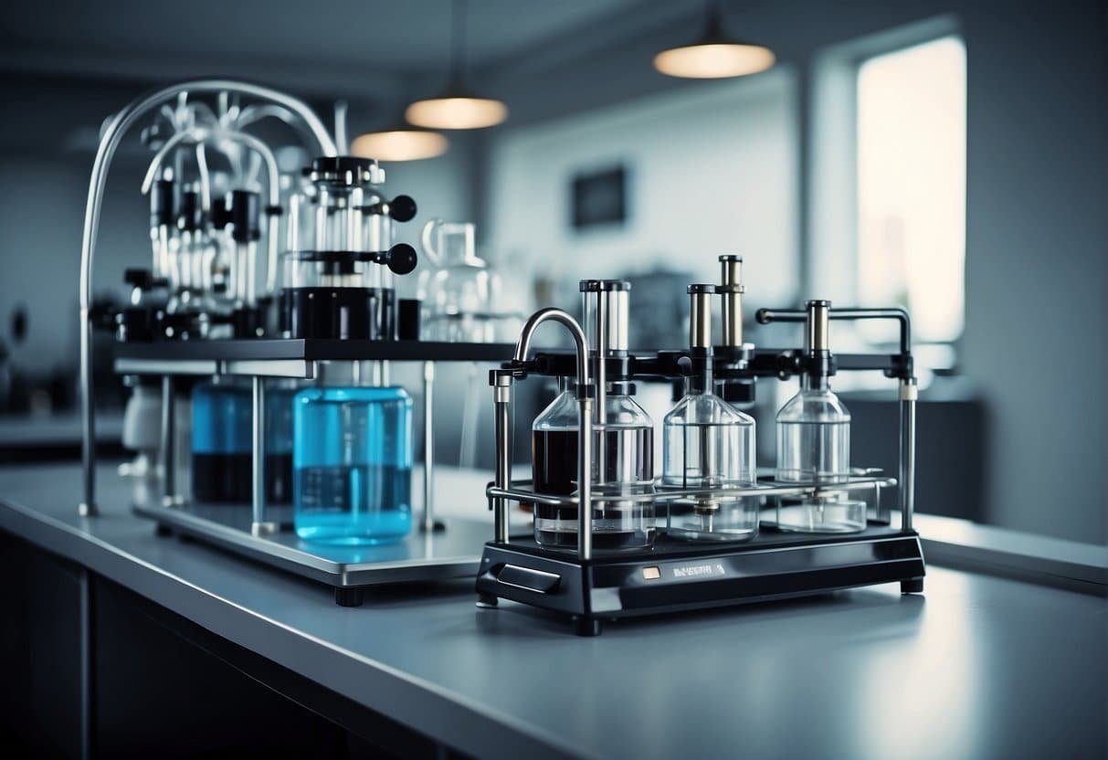 A laboratory setup with two separate filtration systems, one using activated carbon and the other using alternative filter technologies