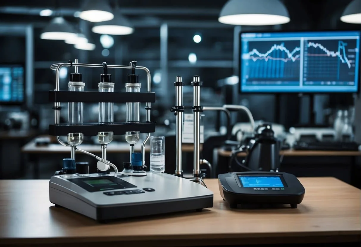 A laboratory setup with two filtration systems side by side, with activated carbon and other filter technologies, with data charts and graphs displayed in the background