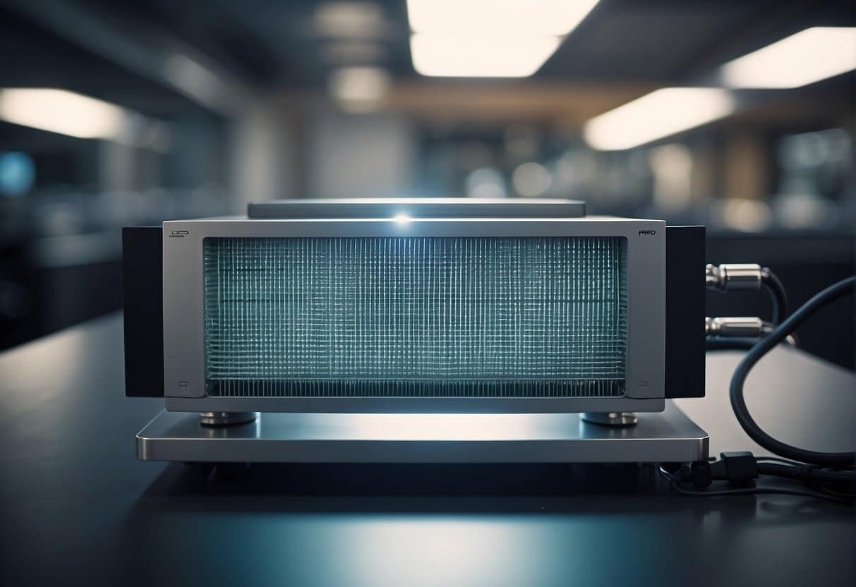 HEPA filter testing: particles enter filter, efficiency measured, clean air exits