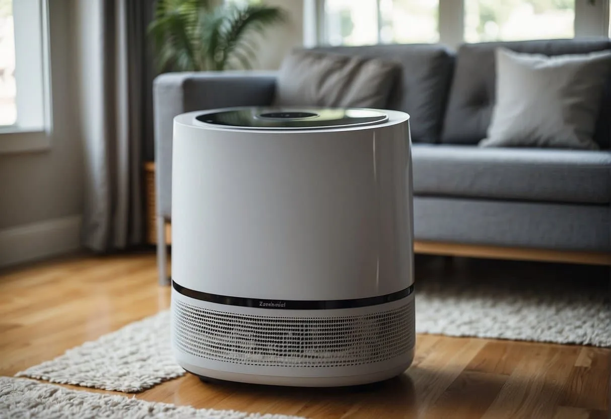 An air purifier sits in a living room, surrounded by pet hair and dander. The purifier is visibly capturing and removing the particles from the air