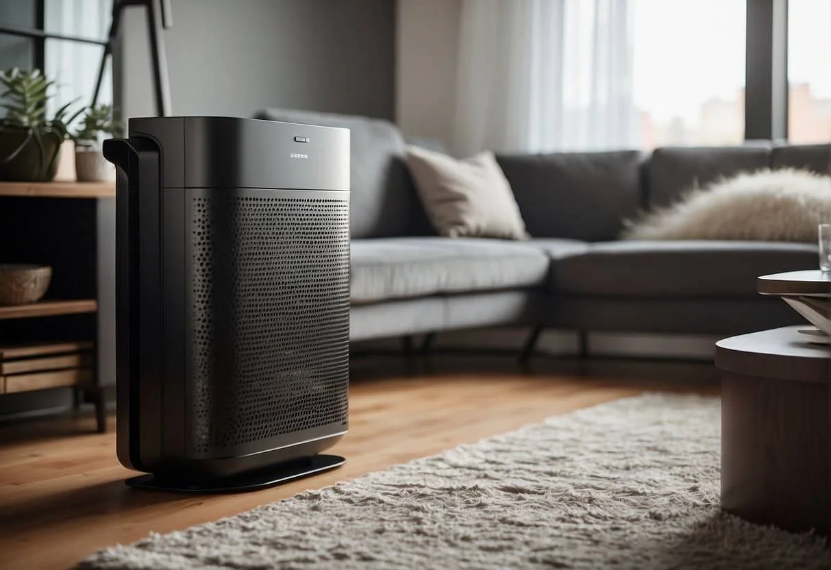 An air purifier sits in a living room, surrounded by pet hair and dander. The purifier is running, with clean air flowing out into the room