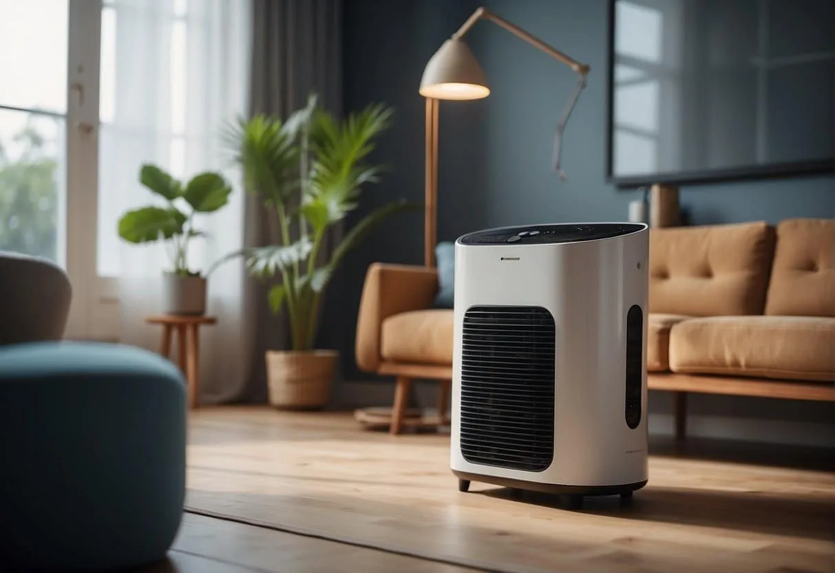 An air purifier sits in a living room, surrounded by pet hair and dander. The device is actively working to clean the air, with particles being drawn into the purifier