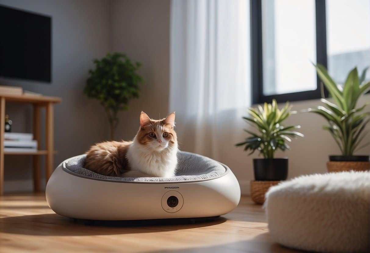 A room with a pet bed, toys, and air purifier. Pet hair and dander float in the air, while the purifier works to clean and freshen the atmosphere