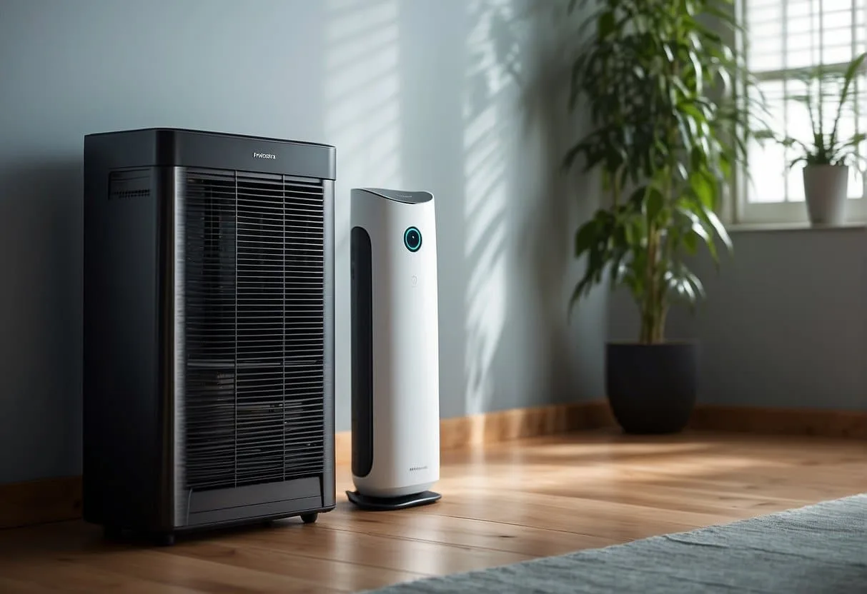 An air purifier sits in a well-lit room, surrounded by pet hair and dander. The air is clean and fresh, with no visible particles in the air