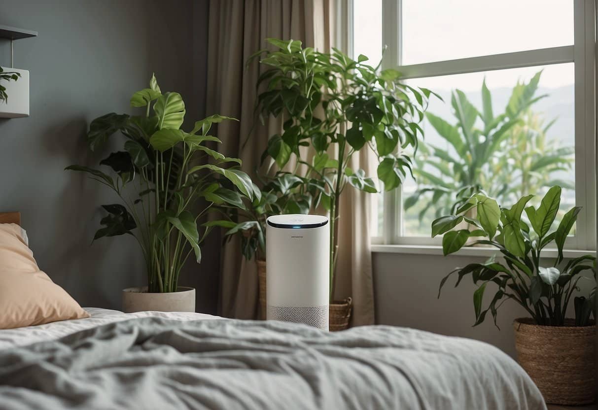 A bedroom with an air purifier, open window, and plants. A peaceful atmosphere with clean, fresh air for optimal sleep
