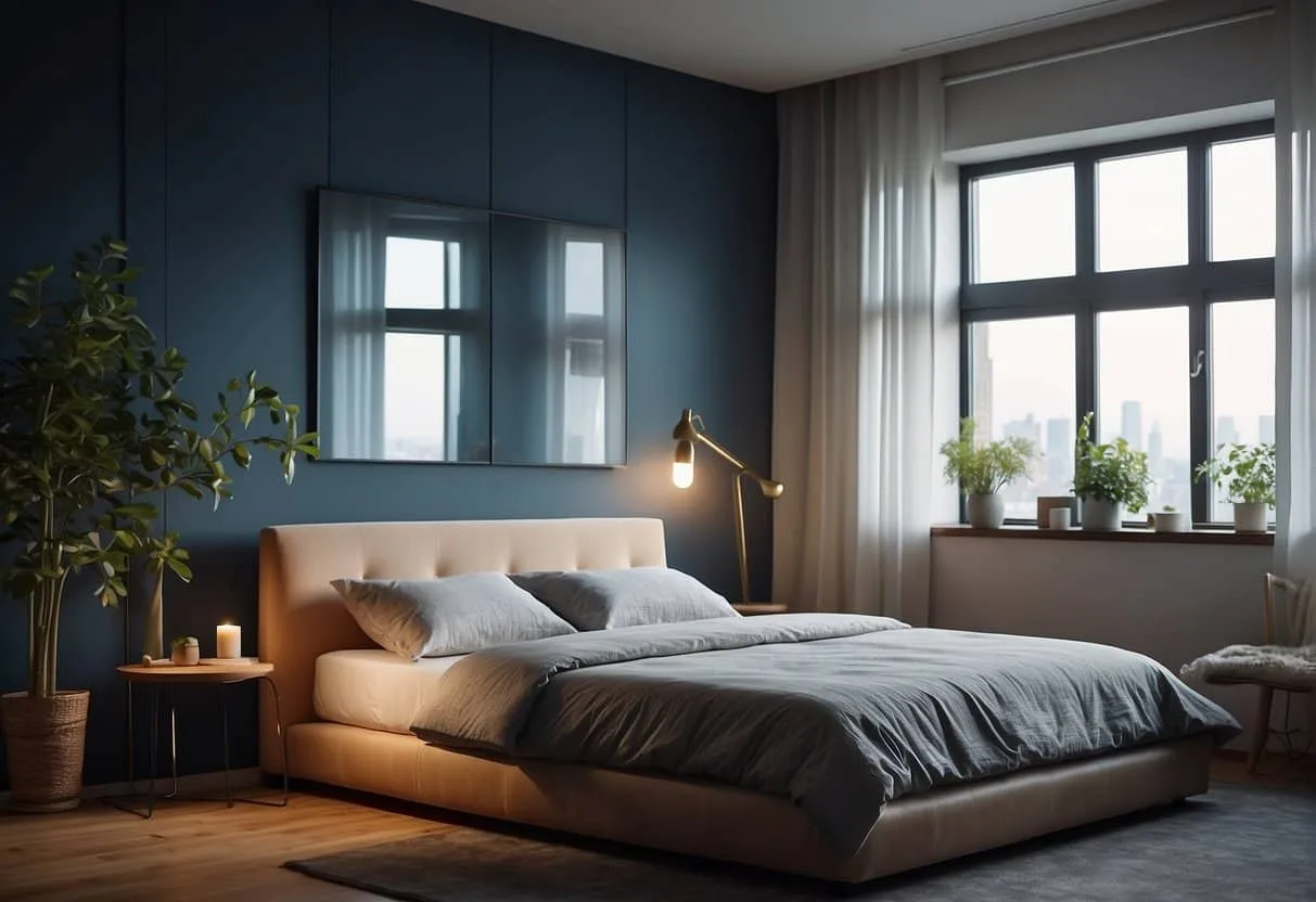 A bedroom with an air purifier quietly running, a comfortable bed, and open windows for fresh air