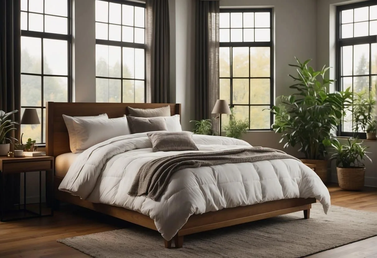 A bedroom with an air purifier, open windows, and plants. A cozy bed with clean, breathable linens. No visible dust or allergens