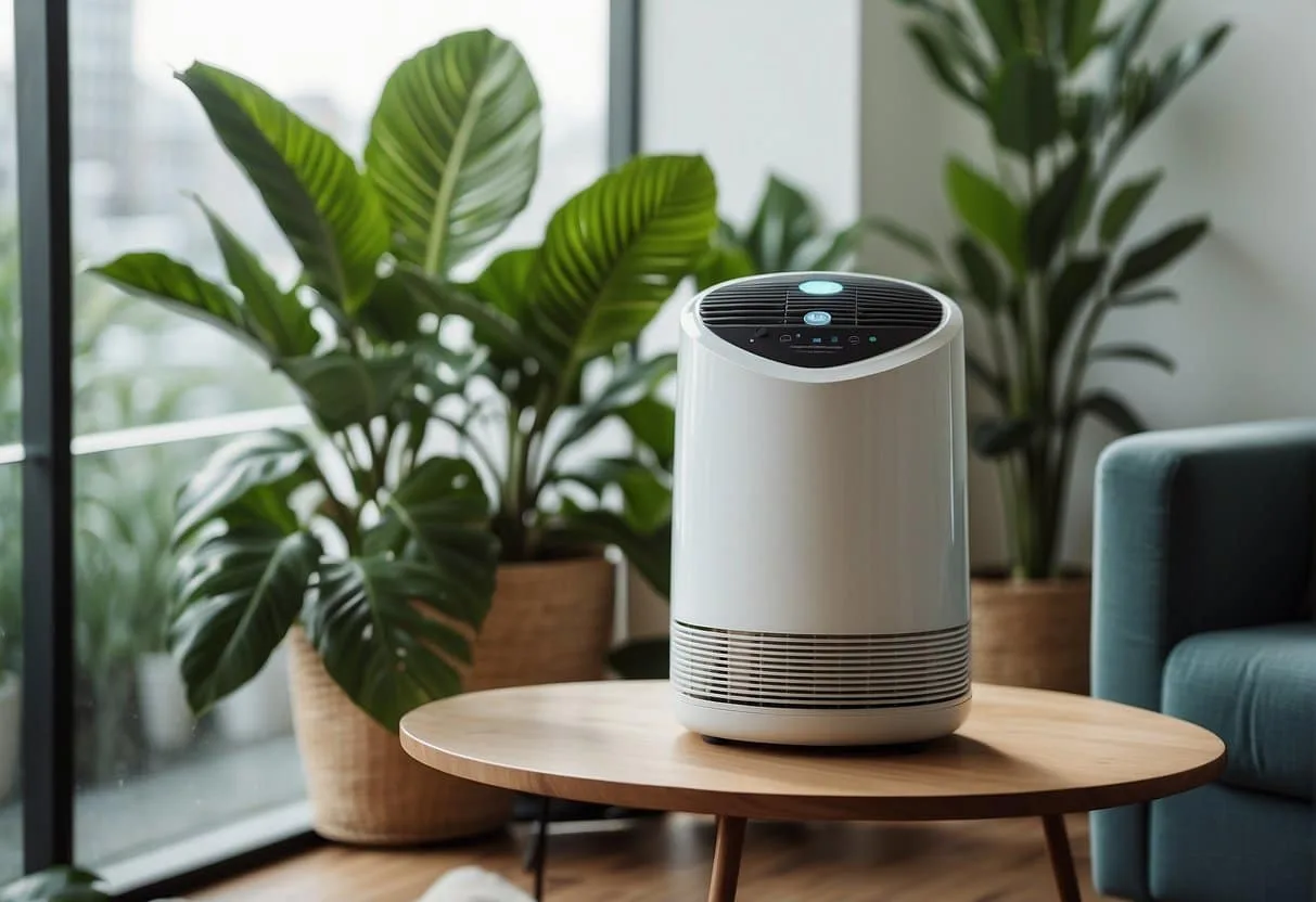 A room with an ozone air purifier, clean and fresh air, surrounded by plants and open windows, showcasing the benefits of using ozone air purifiers