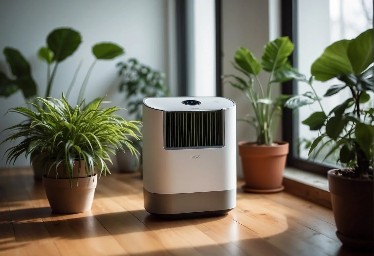 A room with an ozone air purifier, surrounded by plants and natural light, creating a clean and healthy environment