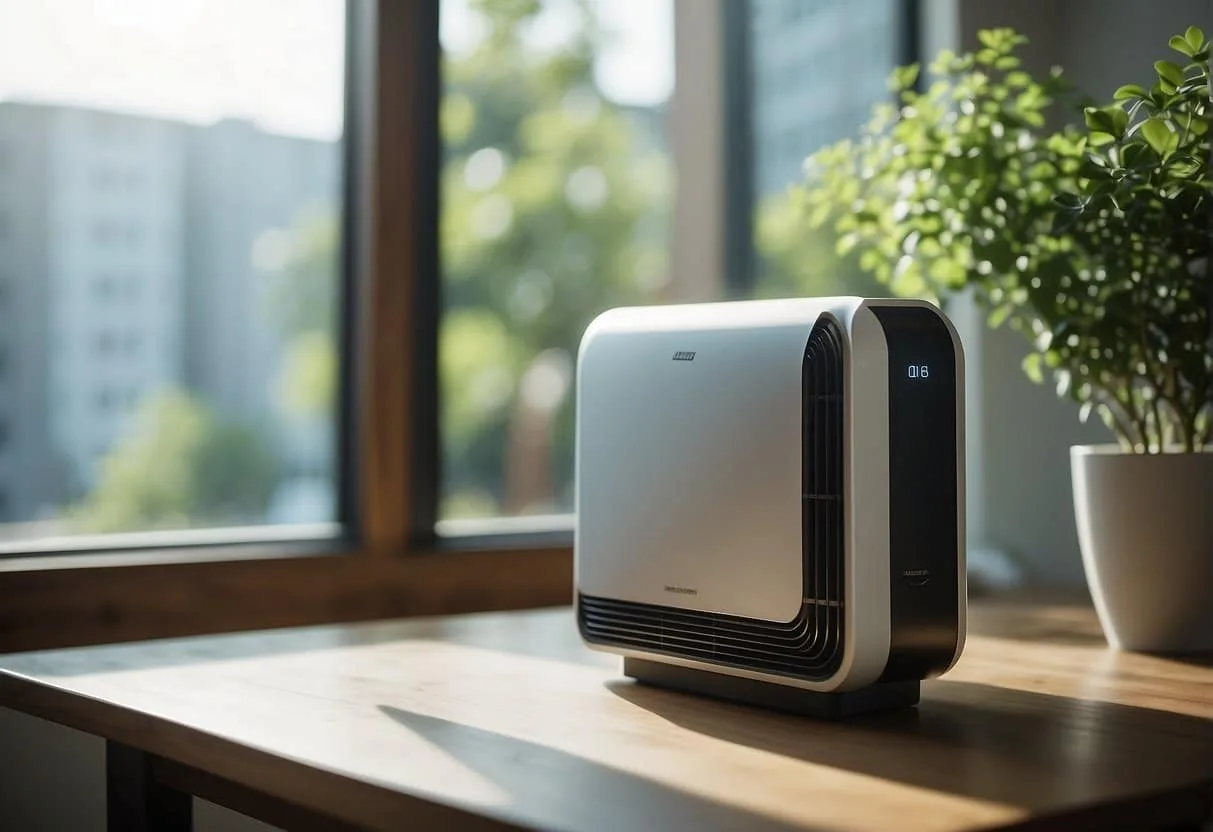 A room with a modern ozone air purifier sitting on a table, surrounded by clean, fresh air. Light streams in through a window, illuminating the device and creating a sense of purity and cleanliness