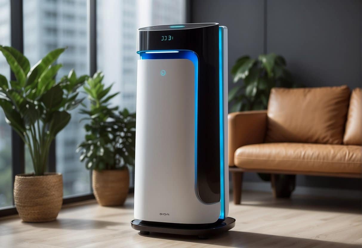 An ionic air purifier emitting negative ions into a room, attracting and neutralizing airborne pollutants