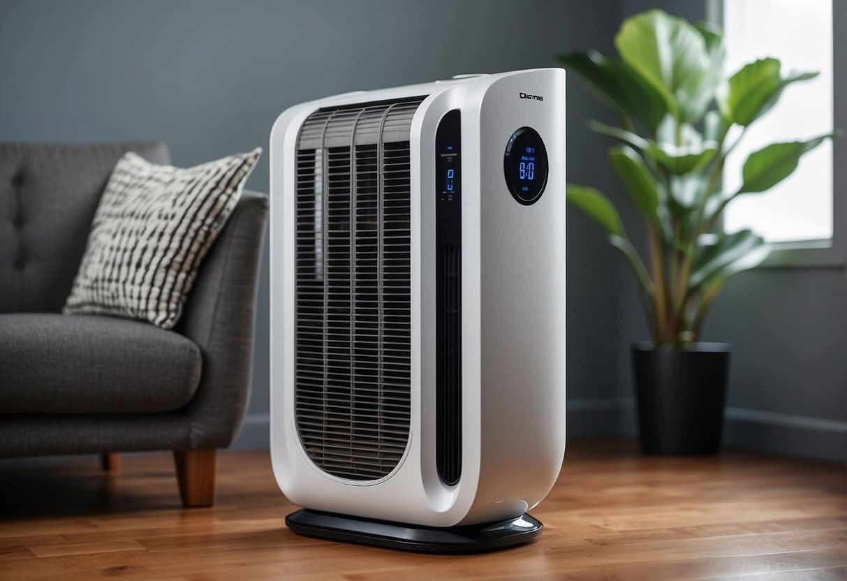An Ionic air purifier emits clean, fresh air in a room with clear safety and regulation labels visible