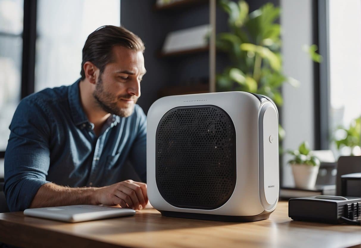 A person researching ionic air purifiers, surrounded by various models, reading product reviews, and comparing features and prices