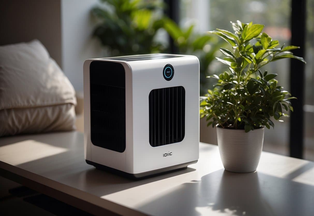 An Ionic air purifier sits on a clean, clutter-free surface. A hand reaches out to replace the filter, showing the ease of maintenance and care