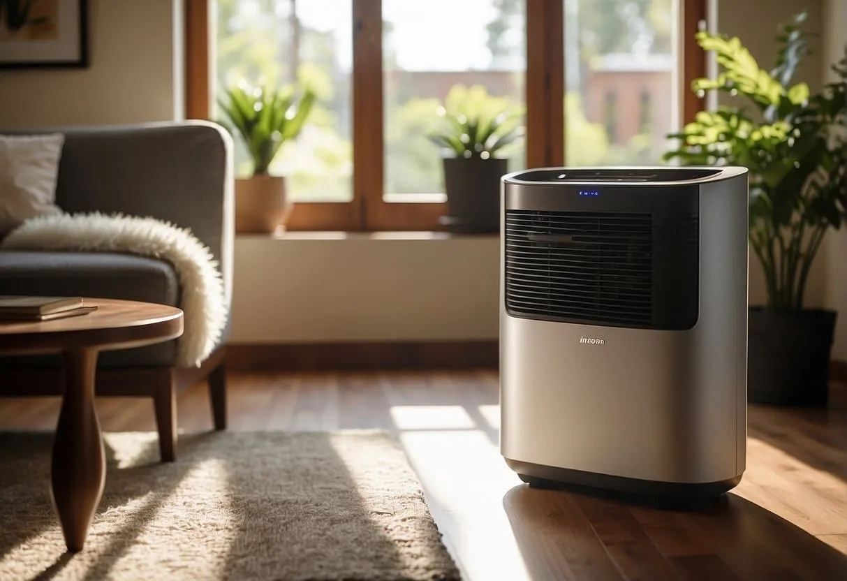 A HEPA air purifier sits in a clean, modern living room, quietly purifying the air. Sunlight streams through the window, casting a warm glow on the machine