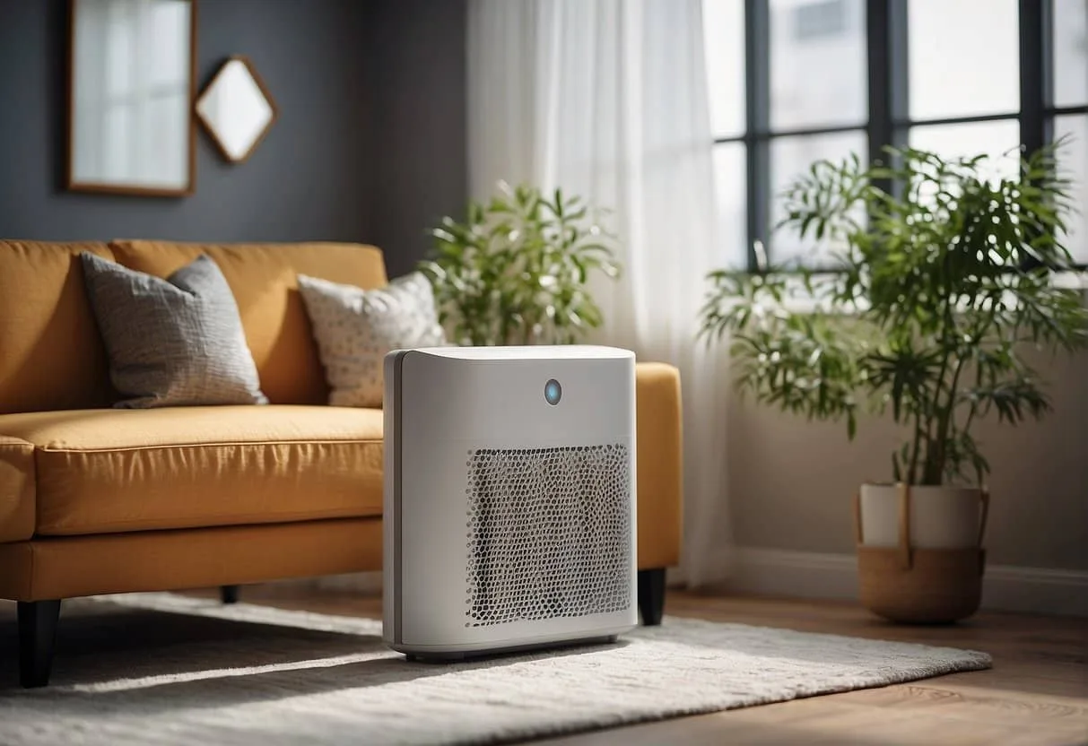 A room with an air purifier surrounded by pollen, dust, and pet dander. Allergy and asthma sufferers find relief as the purifier cleans the air