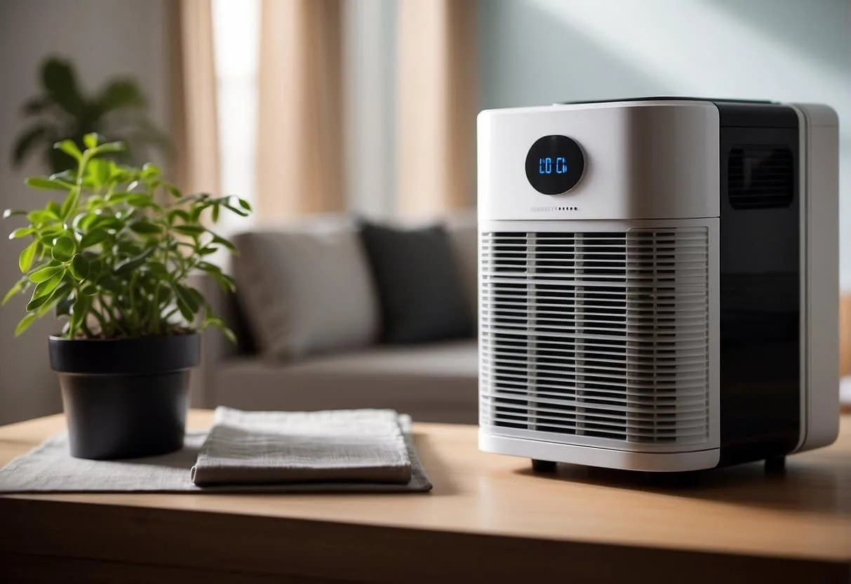 A HEPA air purifier sits in a clean, well-lit room. It hums quietly as it filters the air, with a focus on capturing and removing allergens, dust, and other airborne particles