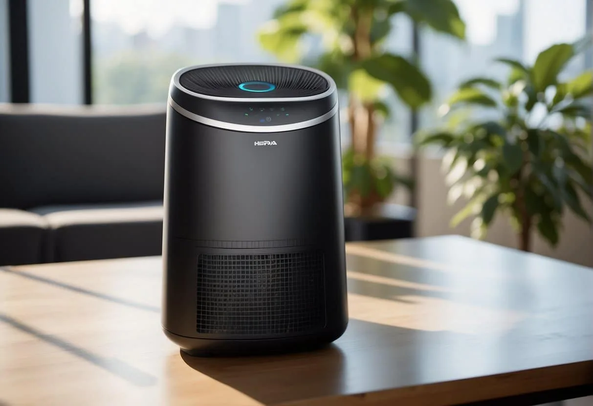 A HEPA air purifier sits on a table, surrounded by clean, fresh air. Dust and particles are trapped inside the purifier, while clean air flows out