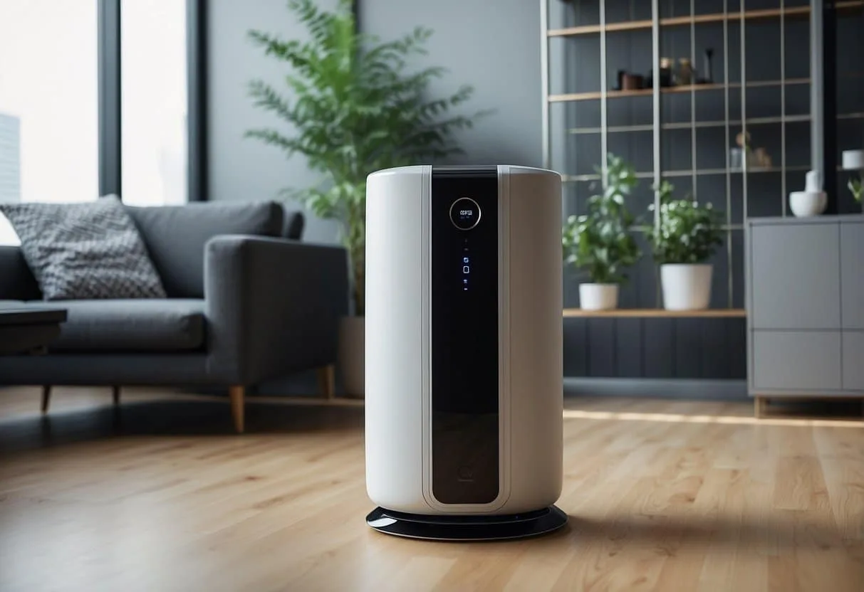 A sleek, modern room with HEPA air purifiers quietly humming in the background, surrounded by clean, purified air