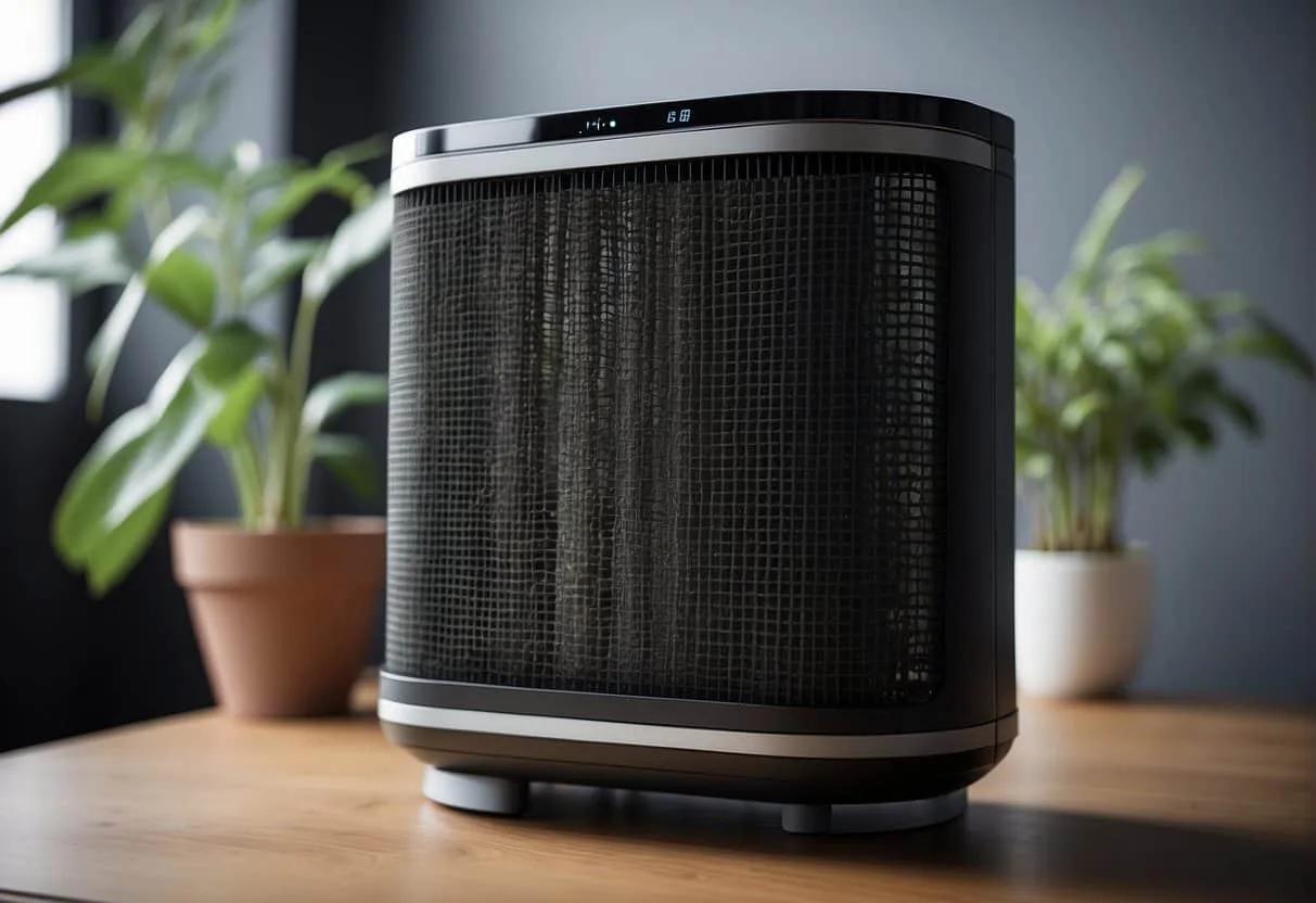 A HEPA air purifier filters out airborne particles, showing clean air flowing in and dirty air being trapped in the filter