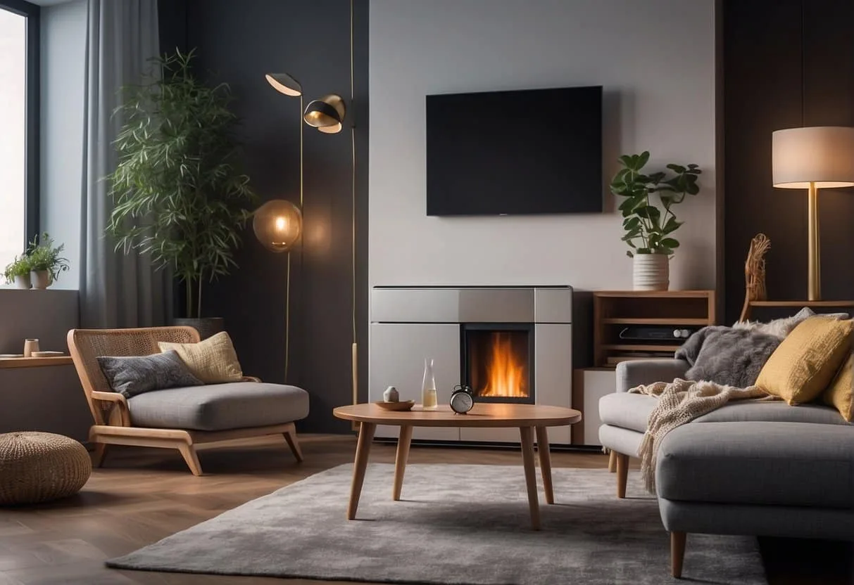 A cozy living room with smoke and odors being filtered by an air purifier, leaving the air fresh and clean