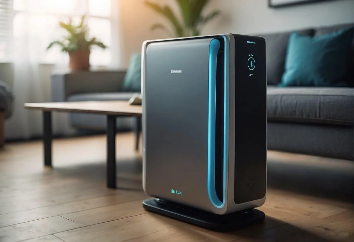 An air purifier sits in a living room, filtering out smoke and odors. Clean air flows out, while the device quietly does its job