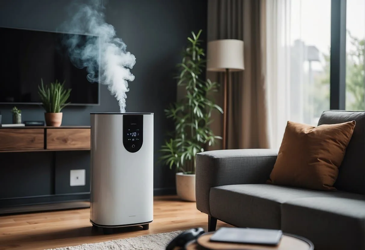 A living room with smoke and odors being filtered by an air purifier. Clear air and a pleasant environment