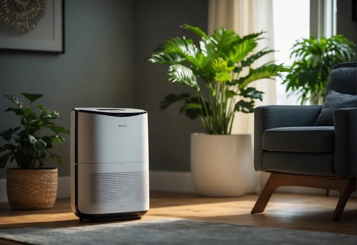 An air purifier sits in a living room, surrounded by furniture and plants. It emits a soft glow as it quietly cleans the air, providing relief for allergy and asthma sufferers