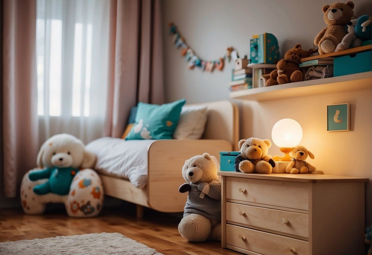 A brightly lit children's bedroom with a small air purifier placed on a dresser, surrounded by toys and books. A soft, clean atmosphere is emphasized