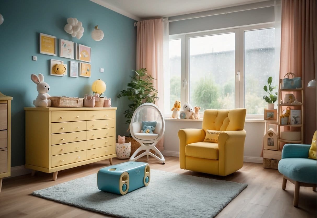 A colorful nursery with a prominent air purifier displaying various safety certifications and regulations. Toys and baby furniture indicate the room's purpose