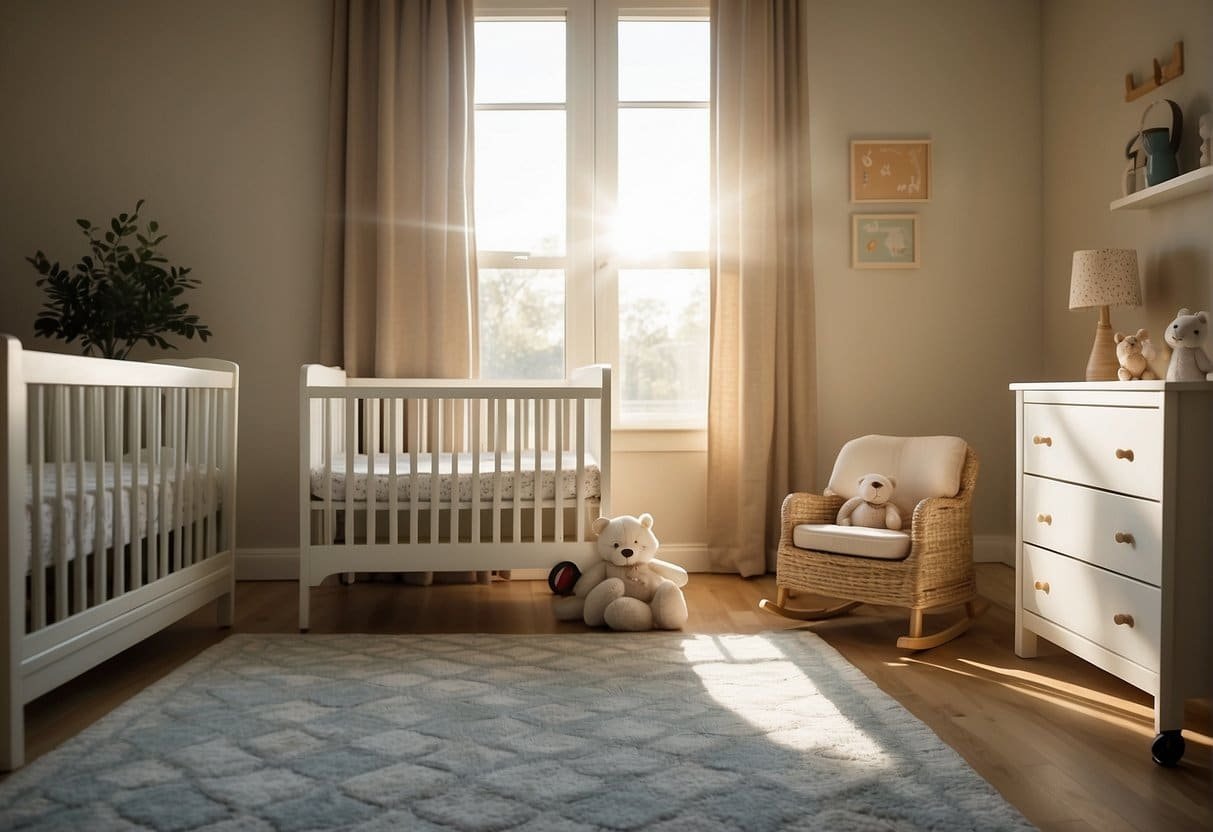 A nursery room with a baby crib, toys, and a small air purifier. Sunshine streaming through the window, highlighting the importance of clean air for children's health