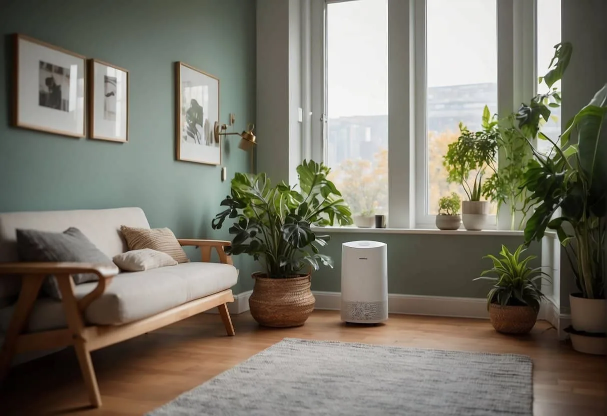 Air purifiers placed in a compact living room, with plants and open windows. The purifiers are on and circulating clean air throughout the space