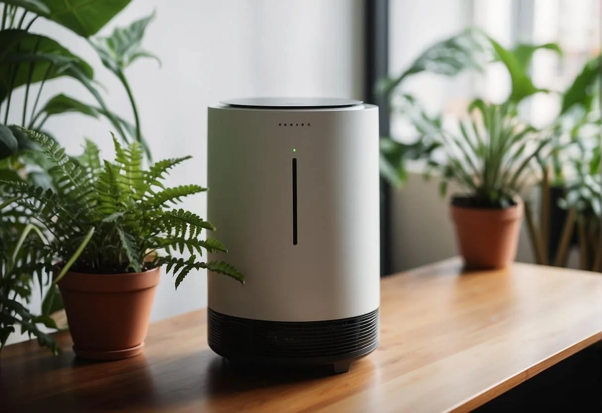 An air purifier placed in a small living space, surrounded by furniture and plants, with clean air flowing out