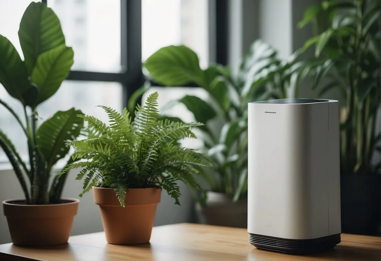 An air purifier sits on a table in a small apartment, surrounded by plants. Clean air circulates, creating a fresh and healthy living environment