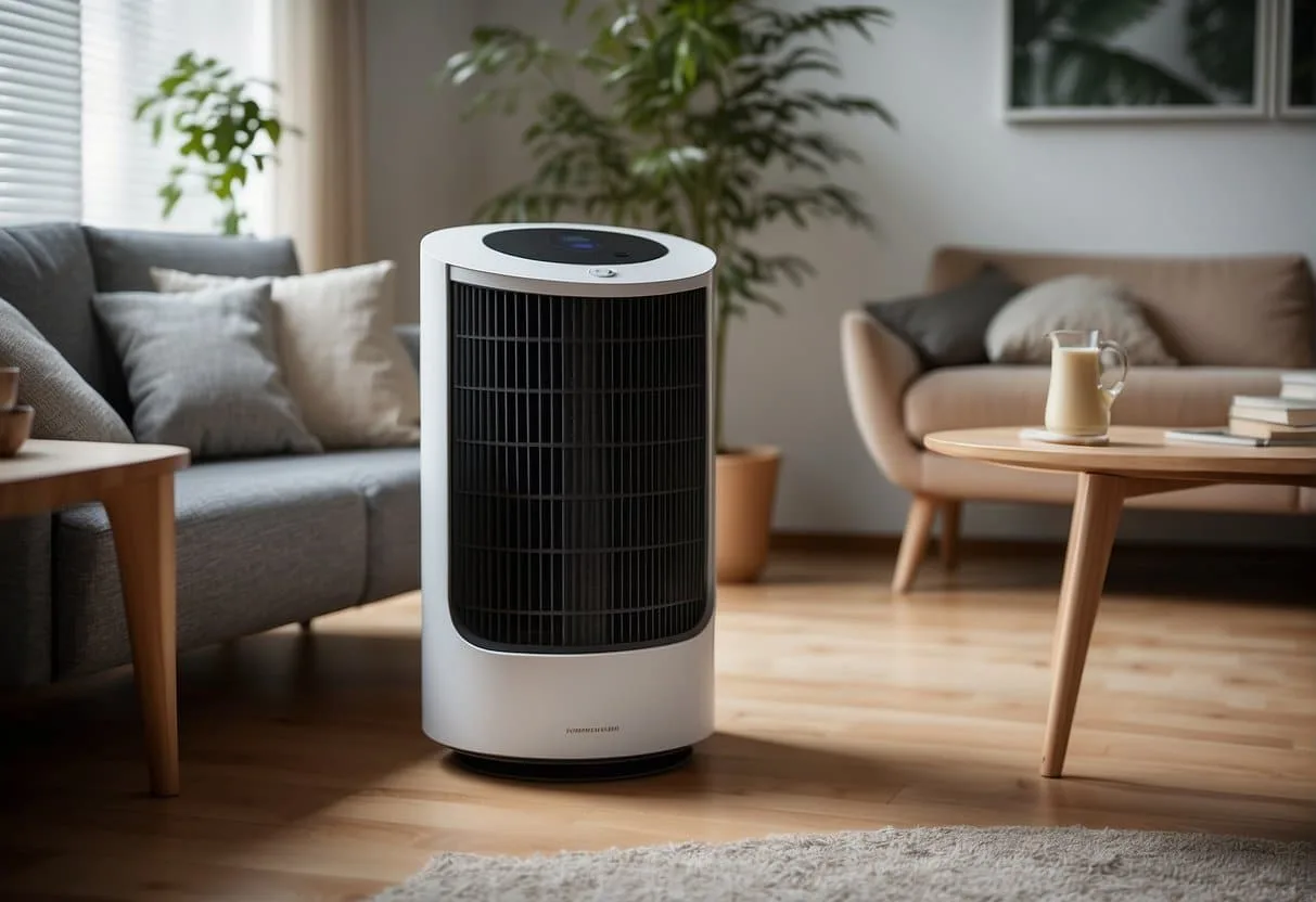 Air purifier placed in a compact living room, filtering air. Maintenance tools nearby