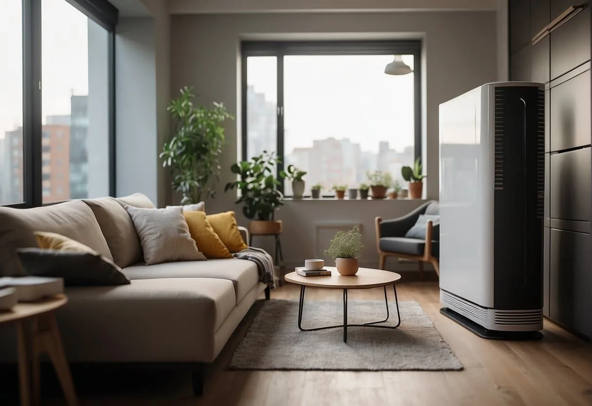A small apartment with an air purifier running, showing clean air circulating and removing pollutants from the space