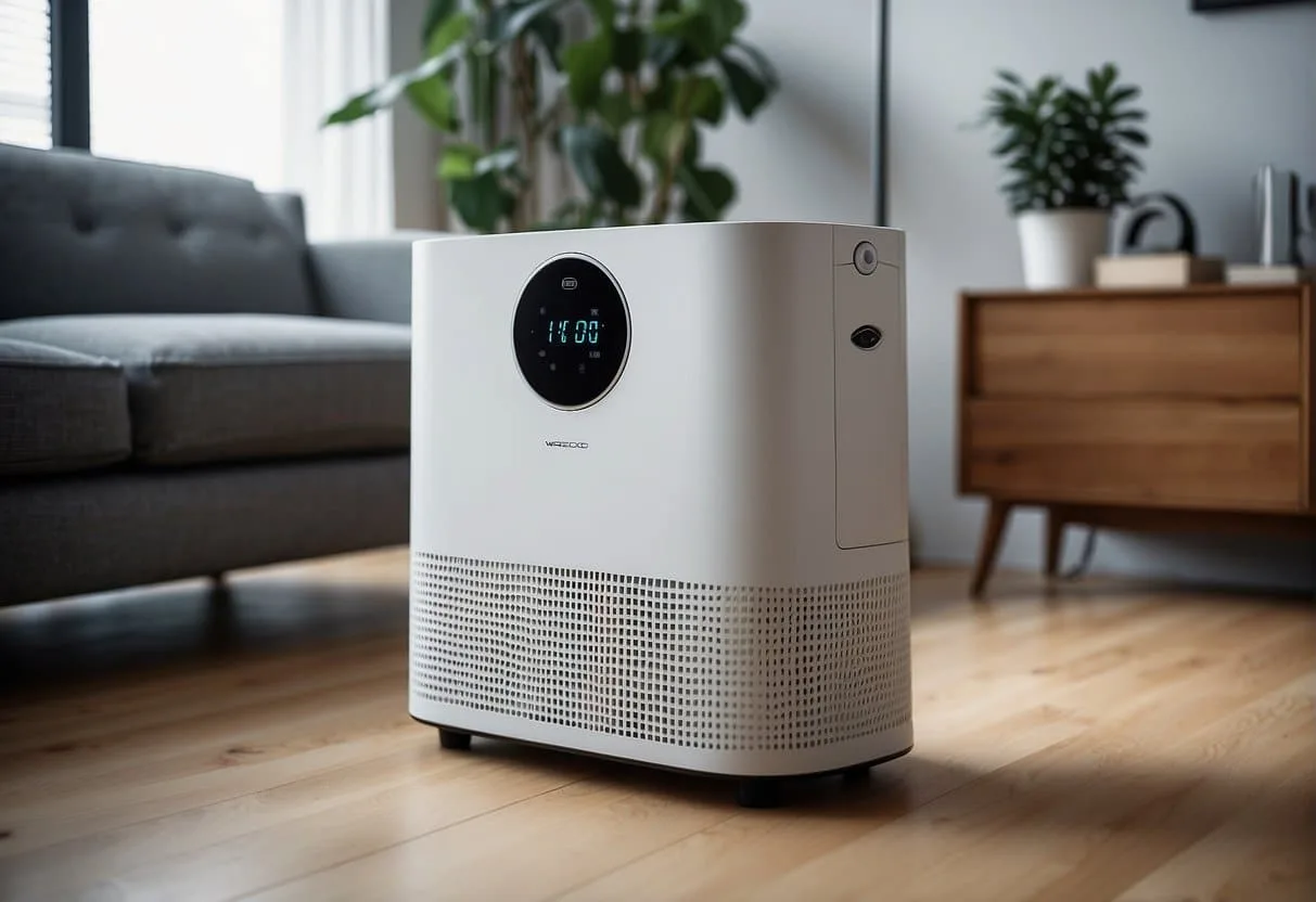 Air purifiers in a modern living room, removing allergens and pollutants from the air. Visible technology and clean air