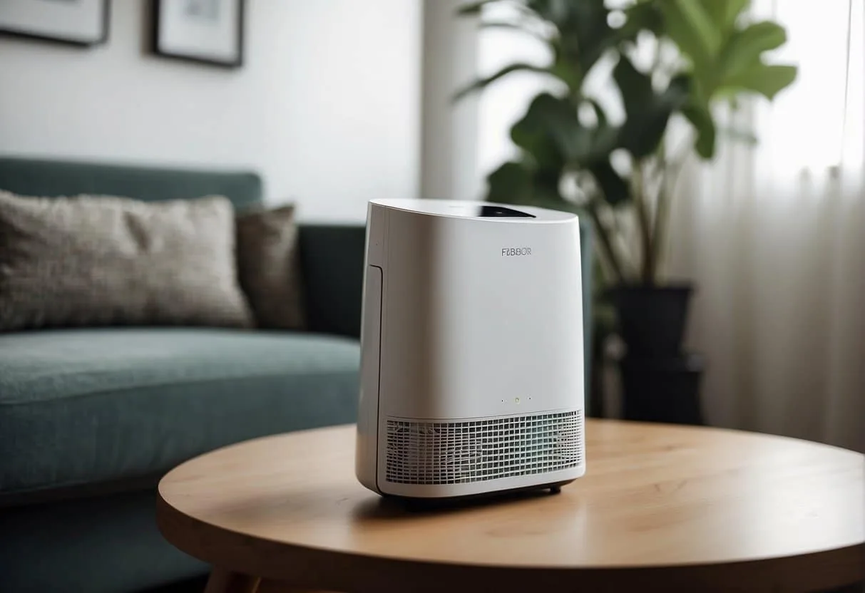 An air purifier sits on a small table in a cozy apartment, quietly filtering the air. The compact size allows it to fit seamlessly into the limited living space