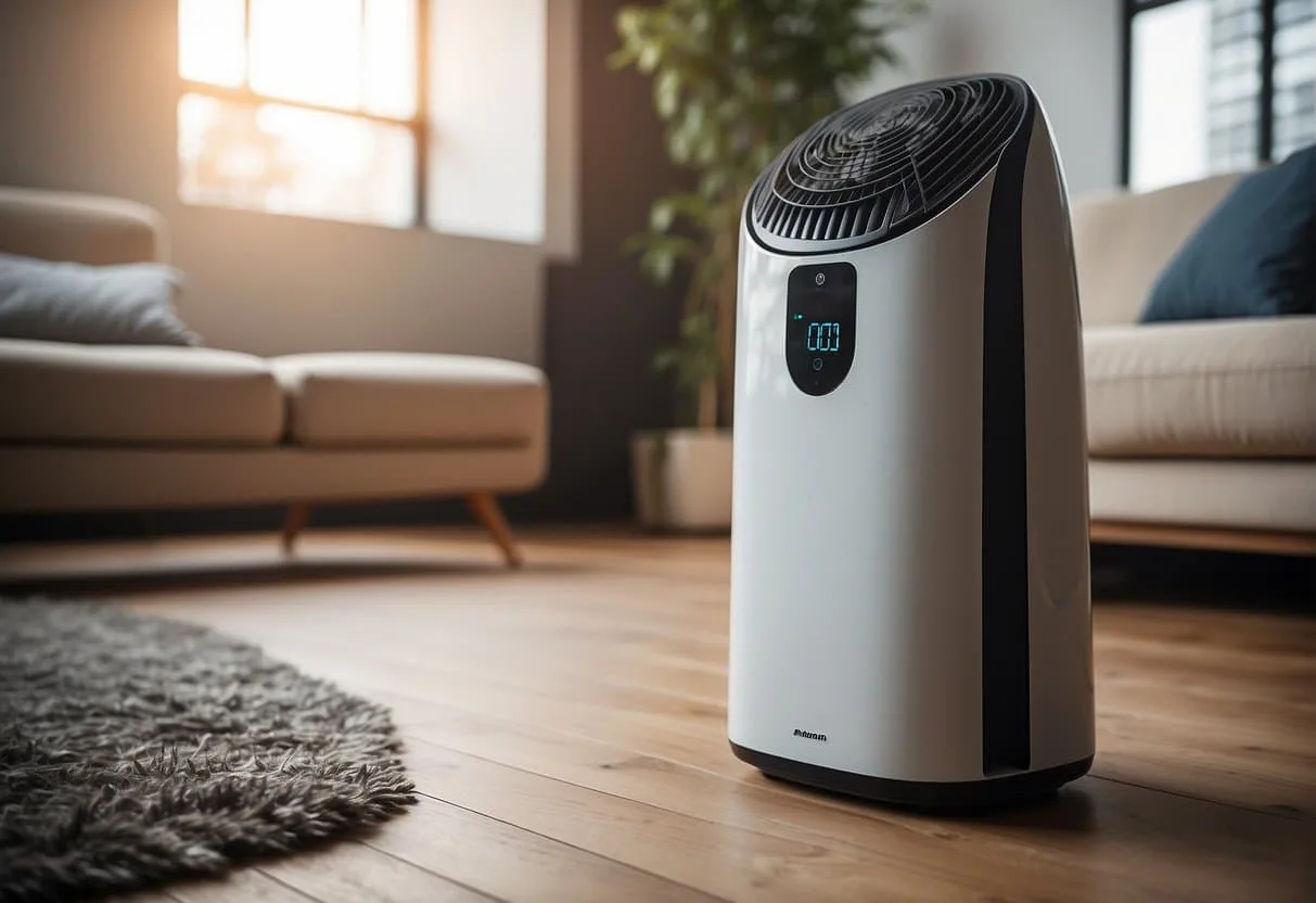 An air purifier quietly hums in a cozy apartment, removing dust and allergens from the air. Its compact size fits seamlessly into the living space, providing clean and fresh air for the residents
