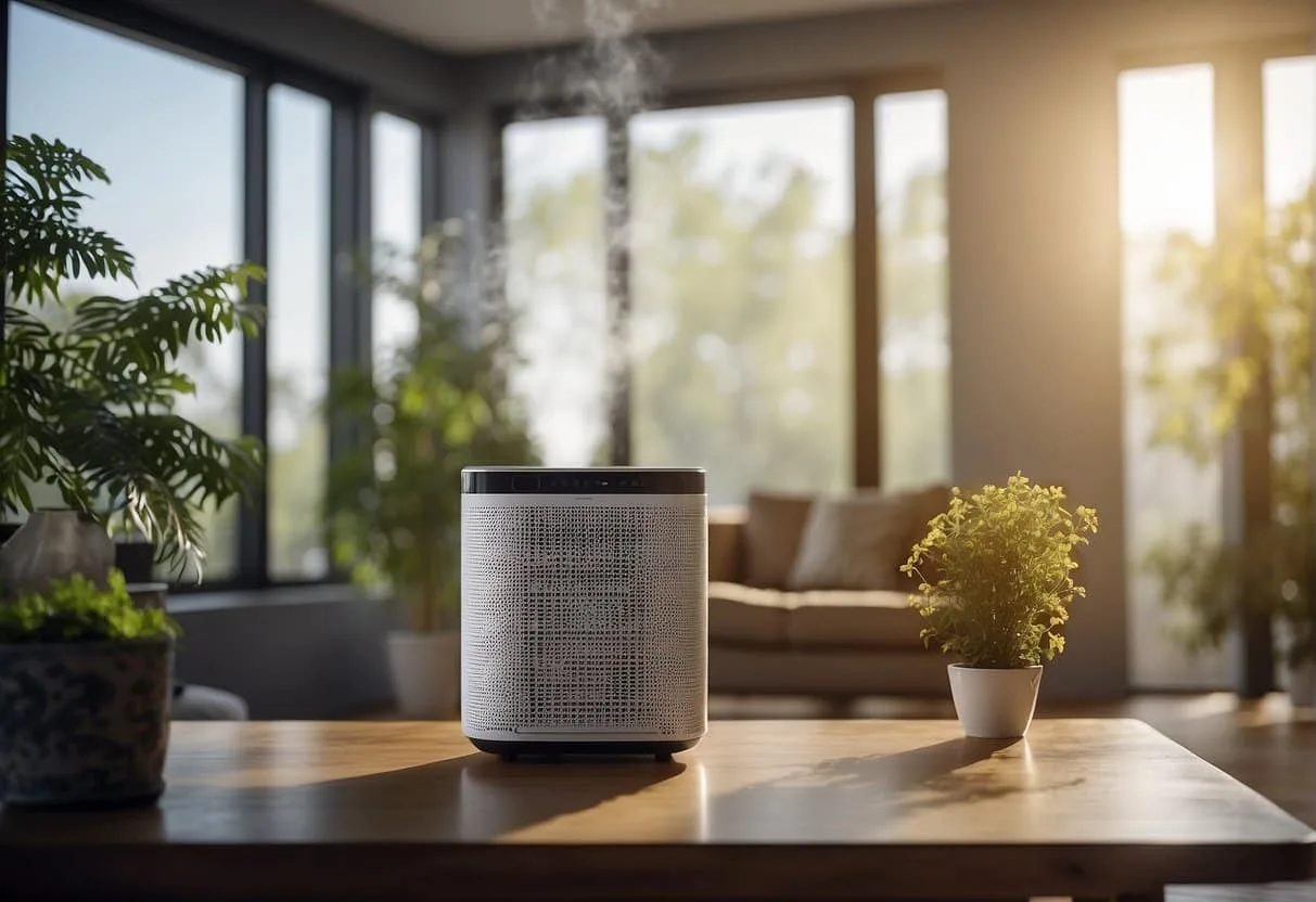 A room with an air purifier surrounded by allergens like pollen, dust, and pet dander. Allergy and asthma sufferers are shown experiencing relief