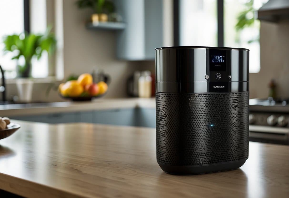An activated carbon air purifier sits on a kitchen counter, absorbing smoke and odors. Its sleek design and efficient features make it a perfect addition to any smoking room