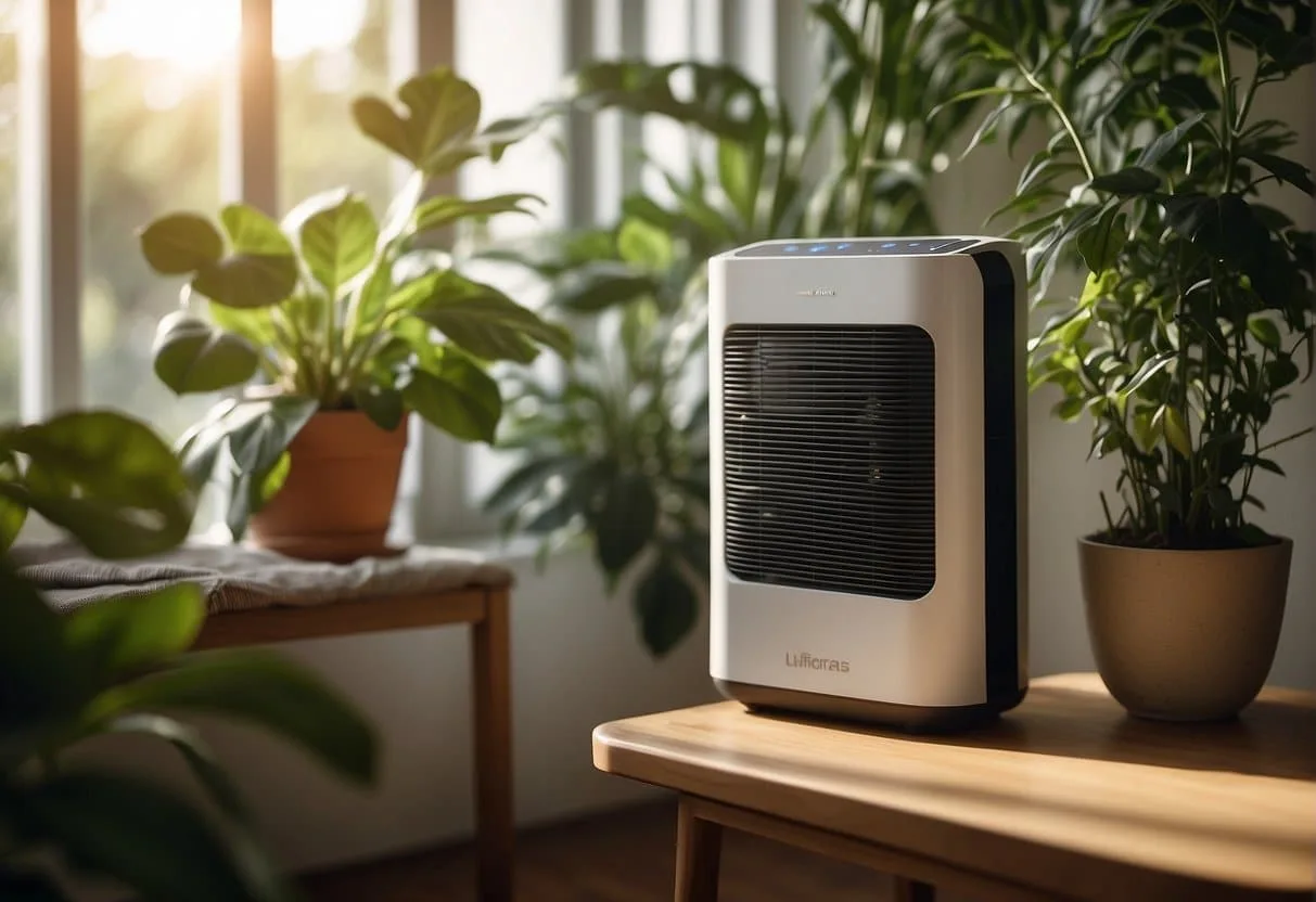 An air purifier hums softly in a cozy living room, surrounded by plants and sunlight streaming through the window. A person with allergies or asthma sits comfortably nearby, breathing in the fresh, clean air