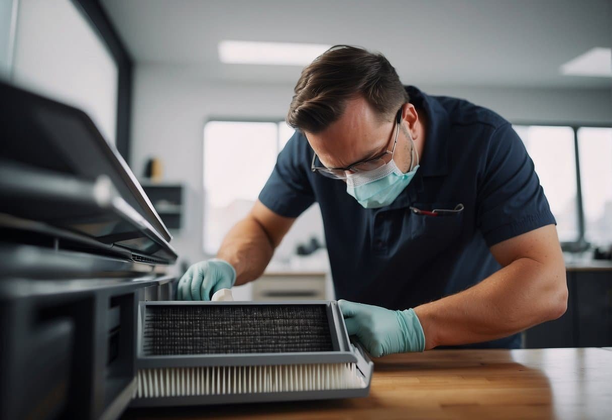 A technician carefully cleans a HEPA filter with a soft brush, removing dust and debris to maximize its longevity