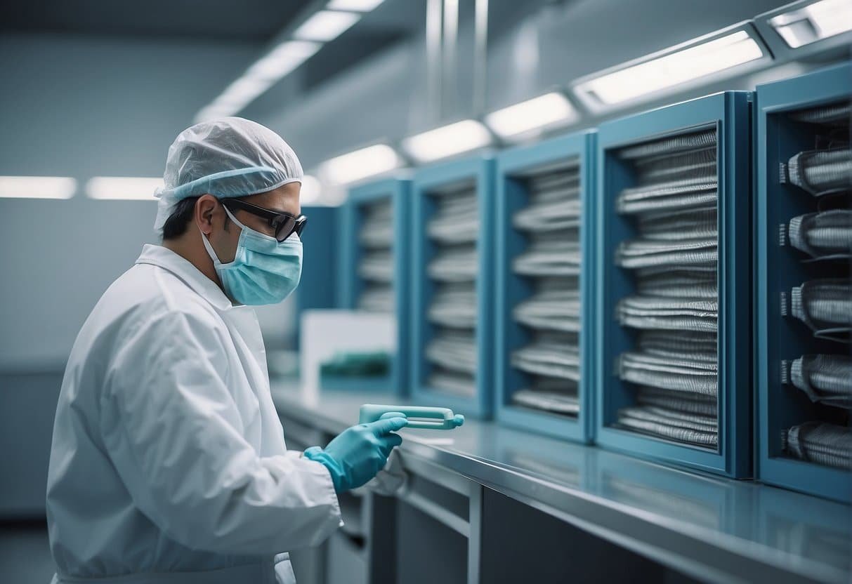 A technician inspects and replaces HEPA filters in a cleanroom setting, using specialized tools and following maintenance guidelines